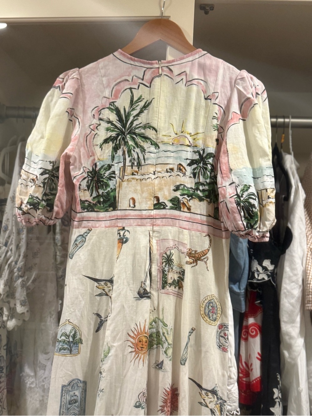 Alemais | Cream Midi Dress with Pastel Pink Trim and Tropical Print - sz 6 (us) - Picture 11 of 11